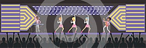 Girls band singing song on the stage, musical group performing in front of big concert audience horizontal vector
