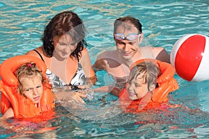 Girls bathing in lifejackets with parents in pool