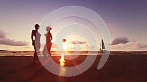 Girls on the beach, air balloon and yacht sailing