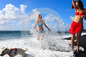 Girls on the beach with black sand