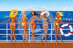 Girls in bikini sailing on the yacht photo