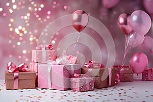 A girls birthday party, presents lying around, confetti and balloons, pink color scheme wallpaper