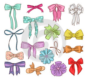 Girls bow vector girlish bowknot or girlie ribbon on hair or for decorating gifts on Birtrhday illustration set of bowed