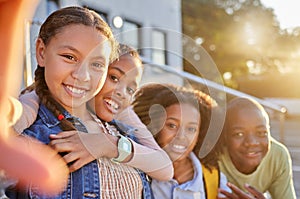 Girls, boy and bonding diversity selfie on community school, education or learning campus social media, about us or