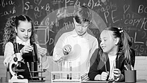 Girls and boy student conduct school experiment with liquids. School laboratory. Group school pupils study chemical