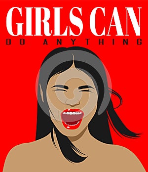 Girls can do anything. Vector hand drawn illustration of screaming girl isolated.