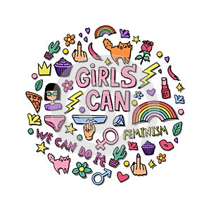 Girls can lettering with girly doodles and hand drawn phrases for feminism concept design, girl`s t-shirt print.