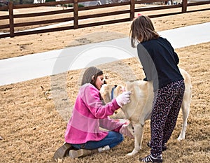 Girls Caring for Their Dog