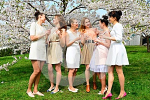 Girls with champagne celebrating in sakura`s garden.