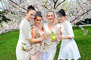 Girls with champagne celebrating in sakura`s garden.