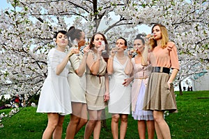 Girls with champagne celebrating in sakura`s garden.