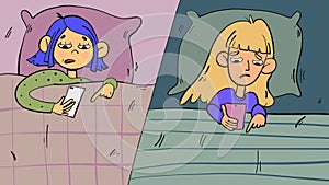 Girls chat in beds. Illustration in doodle cartoon style
