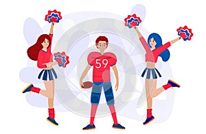 Girls from the cheer team with pompons jumping for joy meeting an American football player, cartoon flat style. Vector