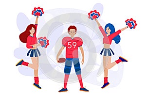 Girls from the cheer team with pompons jumping for joy meeting an American football player, cartoon flat style. Vector photo