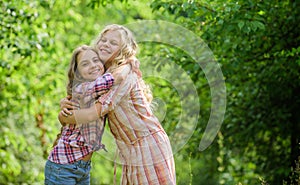 Girls children best friends hug. Sisterhood love and support. Happy childhood. Hug and love concept. Kids happy together