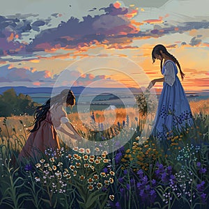 Girls collect medicinal herbs in the field in long sundresses at dawn. Knowing mother. Illustration. photo