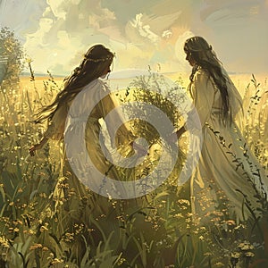 Girls collect medicinal herbs in the field in long sundresses at dawn. Knowing mother. Illustration. photo
