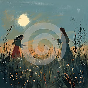 Girls collect medicinal herbs in the field in long sundresses at dawn. Knowing mother. Illustration. photo