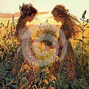 Girls collect medicinal herbs in the field in long sundresses at dawn. Knowing mother. Illustration. photo