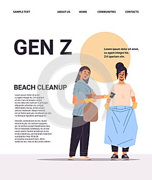 girls collecting trash into bag beach cleanup generation Z lifestyle concept new demography trend with progressive youth