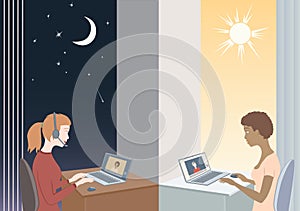 Girls communicate each other through laptops in different time zones. Day and Night, moon stars and sun in the window.