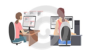Girls computer programmers writing computer software set cartoon vector illustration