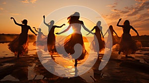 The girls dance in front of the sunset. A group of women dancing on a beach at sunset