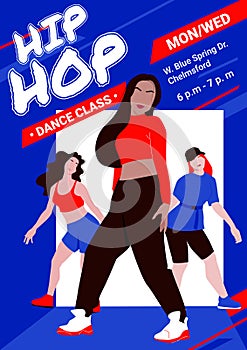 Girls-dancers rehearsing hip-hop dance or street dance style turfing, krump, jazz-funk choreography in dance class. Print-ready po