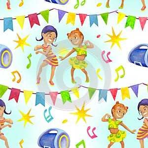 Girls in dancing party. Watercolor seamless pattern with holiday elements