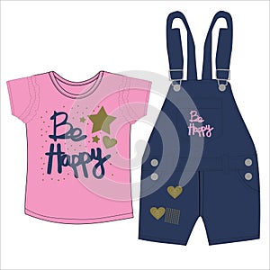 girls denim dungaree with t shirt be happy print vector