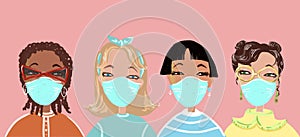 Girls of different races in protective respiratory masks