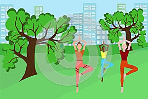 Girls with different skin colors do yoga. Vector, girls go in for sports on the street. Sports lifestyle, morning exercises in the