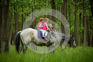 Girls enjoying horseback riding in the woods with mother, young pretty girls with blond curly hair on a horse, freedom