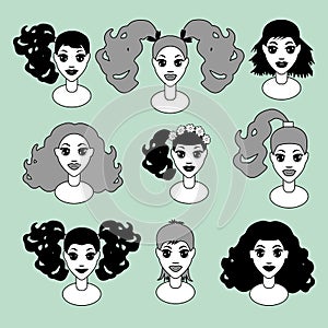 Girls faces set. vector monochrome isolated