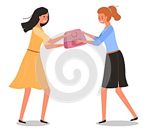 The girls are fighting over the bag. Woman in a store with clothes are sharing a purchase