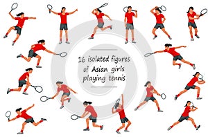 girls figures of Chinese, Japanese or Thai women's tennis players in red shirts throwing, receiving, hitting the ball,