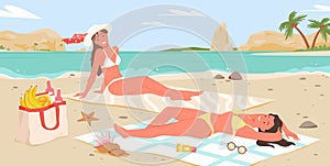 Girls friends in bikini relax, sunbathing together, tropical beach sea summer vacation