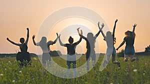 Girls friends are jumping against the background of an evening summer sunset.