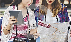 Girls Friendship Hangout Traveling Holiday Map Concept