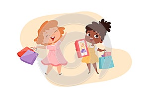 Girls with gifts. Happy little princesses with boxes and bags. Cute cartoon afro american baby shopping character