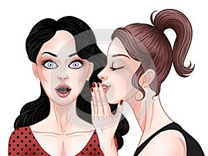 Girls gossip, comic style woman whispering a secret to friend`s ear, psst, hand gesture, vector illustration