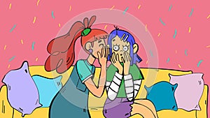Girls gossip. Illustration in doodle cartoon style