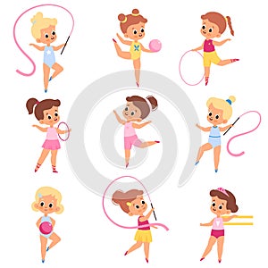 Girls gymnastics. Little athletes in different poses, kids make aerobics and sports, young artists with accessories