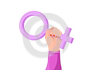 Girls hand keep women sign concept. Pink.  Feminism, race equality, tolerance art. Vector