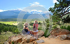 Girls hiking in the mountains.