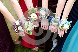 Girls Holding Arms Out with Corsage Flowers for Prom