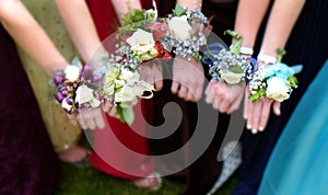 Girls Holding Arms Out with Corsage Flowers for Prom High School Dance Romance Slective Focus Blur
