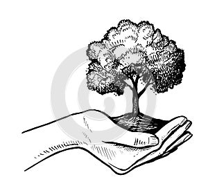 Girls holding tree earth illustration