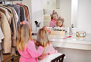 Girls, home and mirror with makeup, hairstyle and happiness with vacation and bonding together. Beauty, bedroom and kids