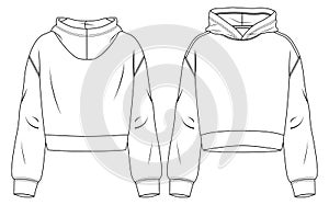 Girls Hooded Crop Top Technical Fashion Illustration. Women Sweatshirt fashion flat sketch template. photo
